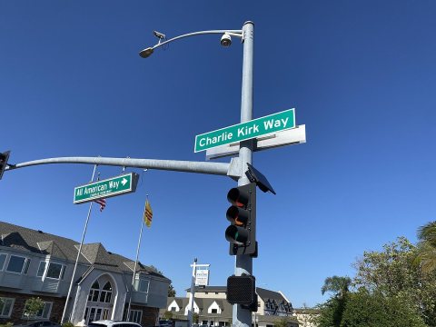 Street sign of Charlie Kirk Way in Westminster, California, April 28, 2026