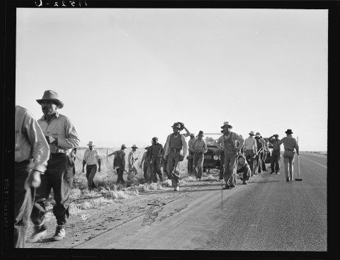 Near Los Banos, California. Migratory agricultural workers. Cotton hoers leave the field at end of the day. Wages twent…