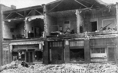 Earthquake damage in Inglewood, showing row of decimated structures, June 1920 (CHS-44963)