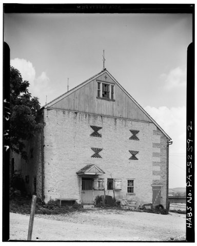 BRICK END WALL WITH X VENTILATORS AND QUOINS. ALSO NOTE WOOD GABLE - Barn, State Route 100 vicinity, New Berlinville, B…