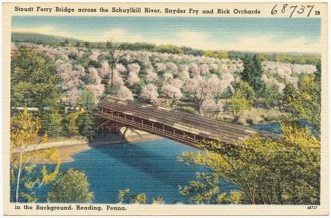 Stoudt Ferry Bridge across the Schuylkill River, Snyder Fry and Rick Orchards in the background, Reading, Penna (68737)