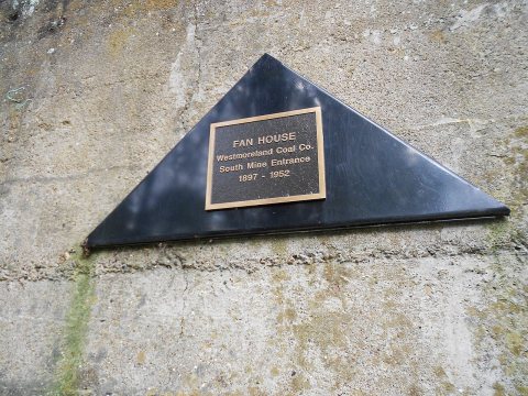 Plaque at remains of coal mine fan house