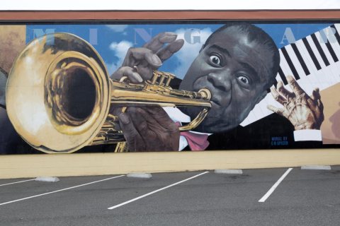 Performing Arts mural by Randy Spicer featuring jazz immortal Louis Armstrong