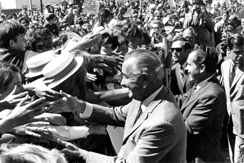 President Richard Nixon and Former President Lyndon Baines Johnson Greeting the Crowd at the Eureka Airport in Californ…