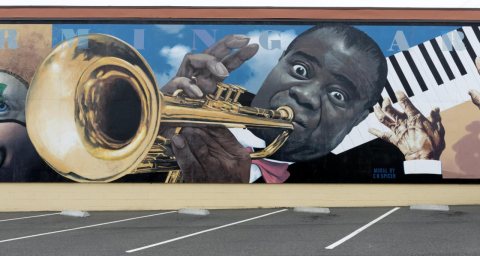 Performing Arts mural by Randy Spicer featuring jazz immortal Louis Armstrong