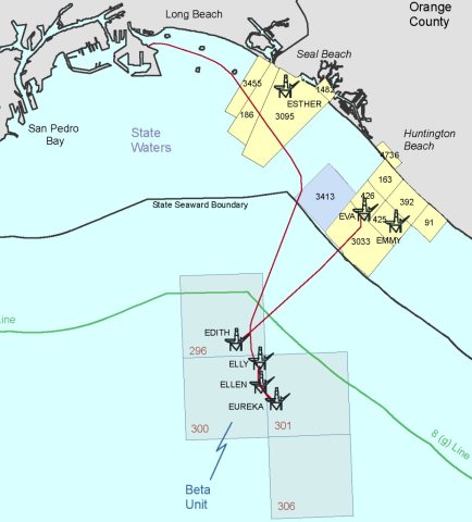 San Pedro Bay Outer Continental Shelf Operations Map, 2012 - producing platforms as of 2012 are Edith, Elly, Ellen, Eur…