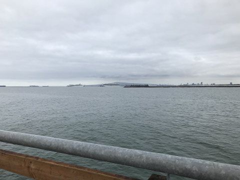 Container ships lined up for port
