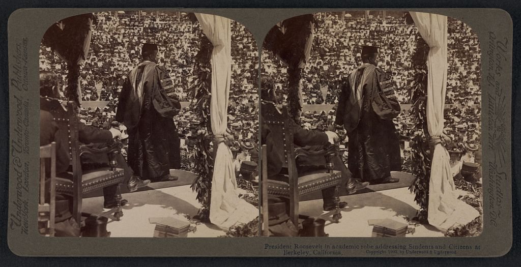 President Roosevelt in academic robe addressing students and citizens at Berkeley, California