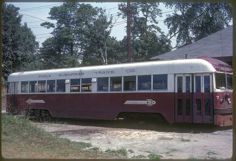 PSTC 8 (Brilliner) at end of line at Sharon Hill, PA Station on August 27, 1964, both trolley poles are up