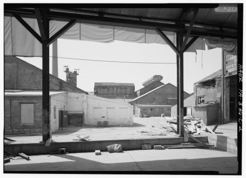 VIEW OF FURNACE NO. 2 AND CARPENTRY SHOP, LOOKING WEST - Chambers Window Glass Company, Furnace No. 2, North of Drey (N…