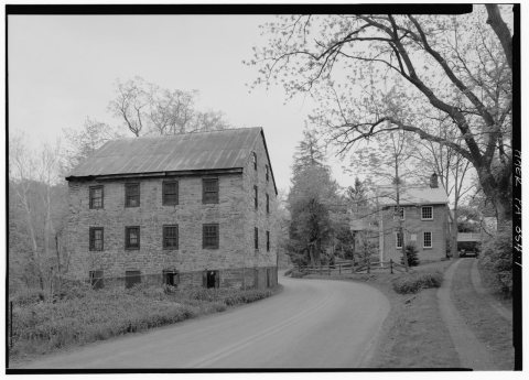 GENERAL VIEW OF LUTZ WOOLEN MILL, LOOKING SOUTH; TO THE RIGHT, ACROSS THE ROAD, IS NEWRY MANOR, A RESIDENCE BUILT IN 18…