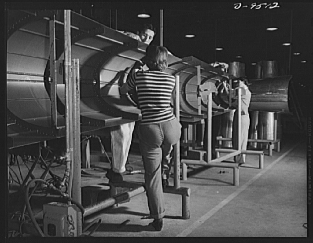 Production. BT-13A ("Valiant") basic trainers. Fuselage sections for "Valiant" basic trainers at Vultee's Downey, Calif…