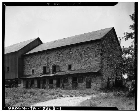 GENERAL VIEW. NOTE PENT ROOF. - Stone Barn, Water Street, Lower Saucon Township
