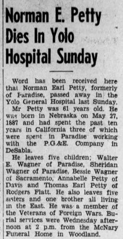 Norman Earl Petty (1888-1949) obituary in the Paradise Post of Paradise, California on 18 February 1949