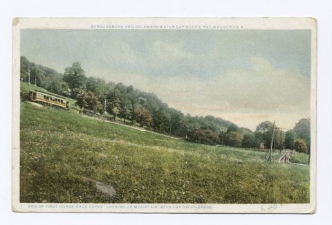 End of First Horse Shoe Curve, Looking up Mountain with Car on 9% Grade, Stroudsburg and Delaware Water Gap Scenic Rail…