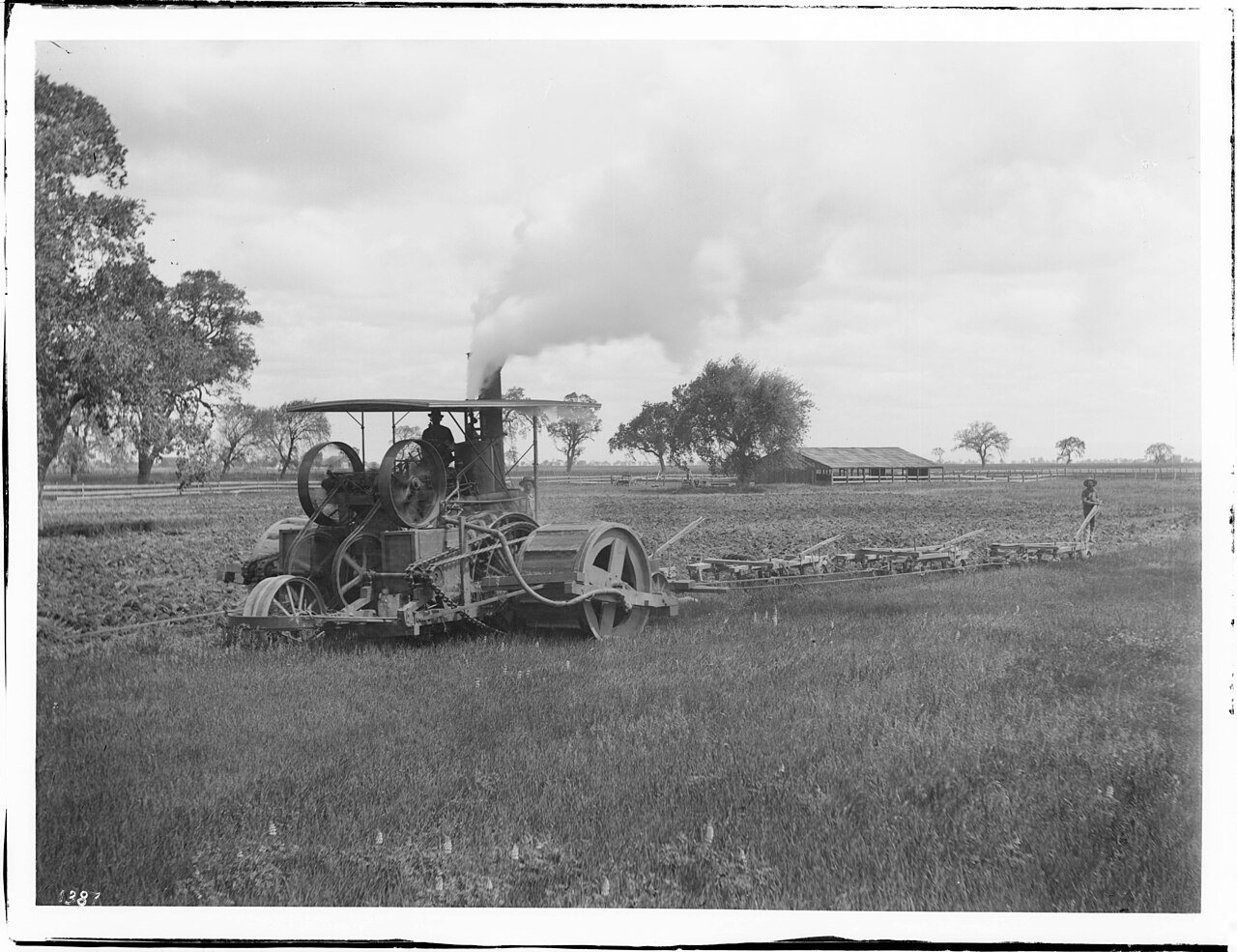 Two men operating a steam plow in a field near Hanford, Kings County, ca.1900 (CHS-1387)