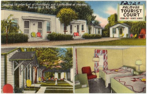 Palmyaa Tourist Court, located 16 miles east of Harrisburg and 3 miles east of Hershey Park on U.S. Rt. 422 (82720)