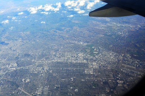 Aerial view looking east toward Santa Ana and Irvine, CA