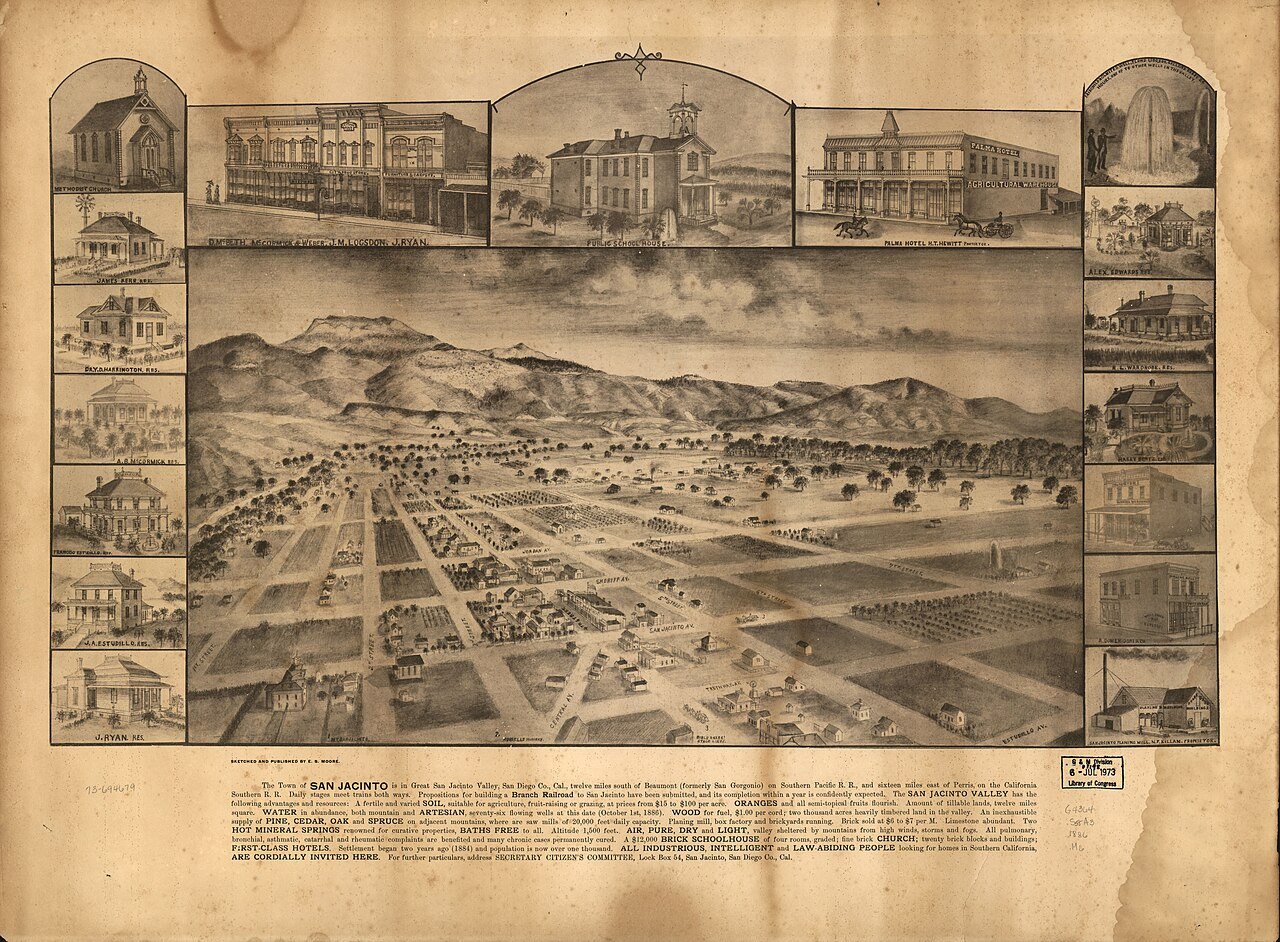 The town of San Jacinto is in great San Jacinto Valley, San Diego Co., Cal., twelve miles south of Beaumont (formerly S…
