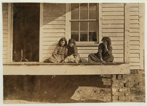 Wylie Mill, Chester, S.C. Girl at end of porch Daisy Estis (Couldn't spell her name) Worked 2 years. other two not in t…