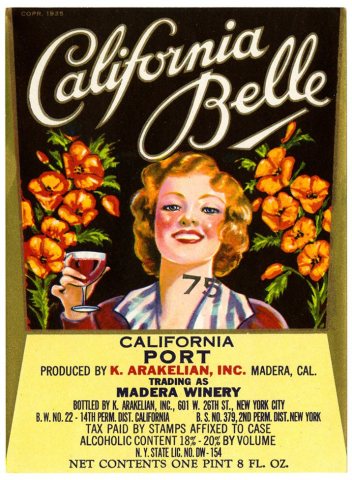 Wine label, K. Arakelian Inc., California Belle, California Port, Madera Winery