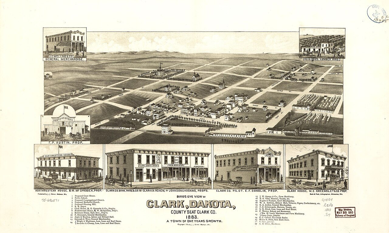 Bird's eye view of Clark, Dakota, county seat Clark Co. 1883