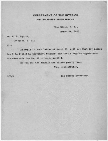 J.J. Duncan to L.E. Squire, Interior, South Dakota