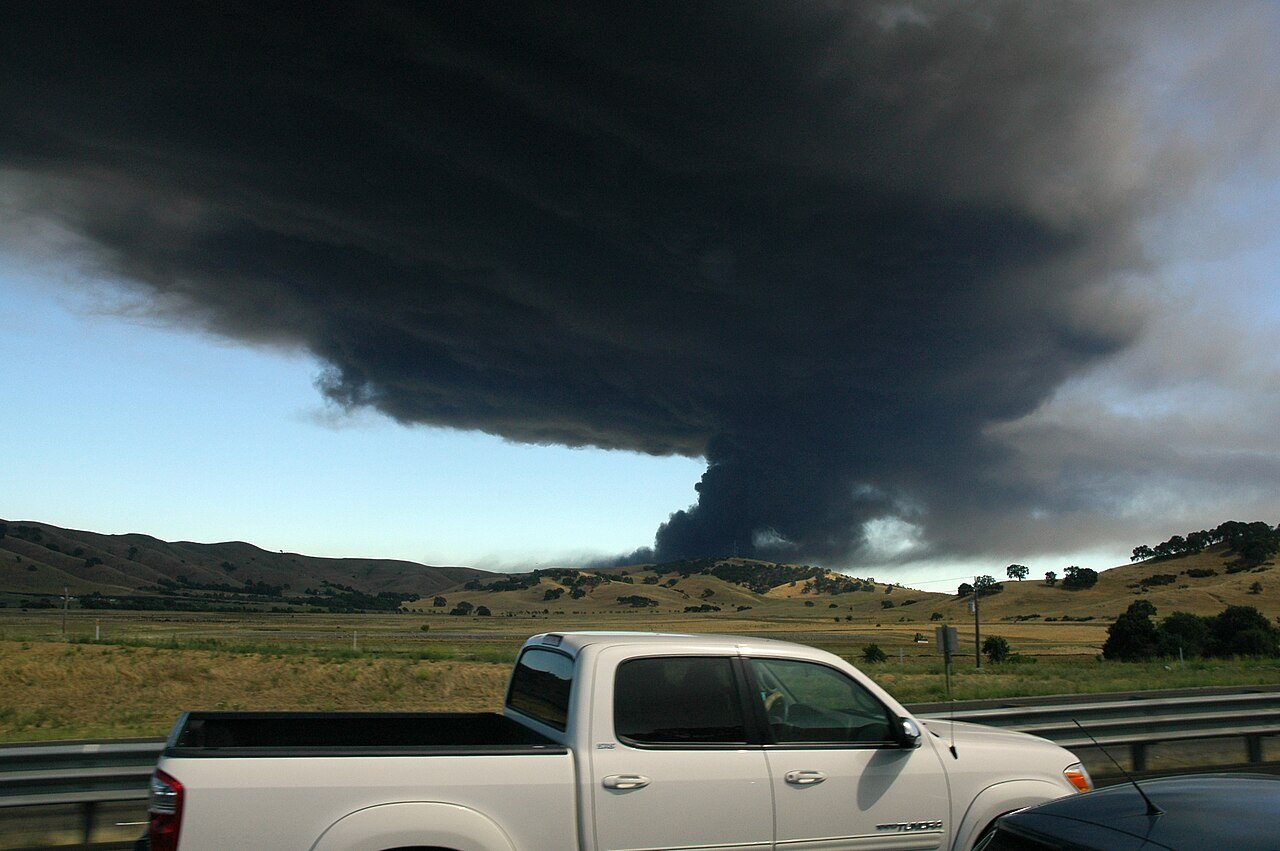 Plume of black smoke from fire at Macro Plastics, Fairfield, seen from the Interstate 80, July 26, 2011