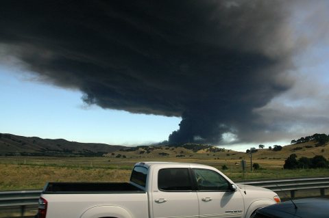 Plume of black smoke from fire at Macro Plastics, Fairfield, seen from the Interstate 80, July 26, 2011