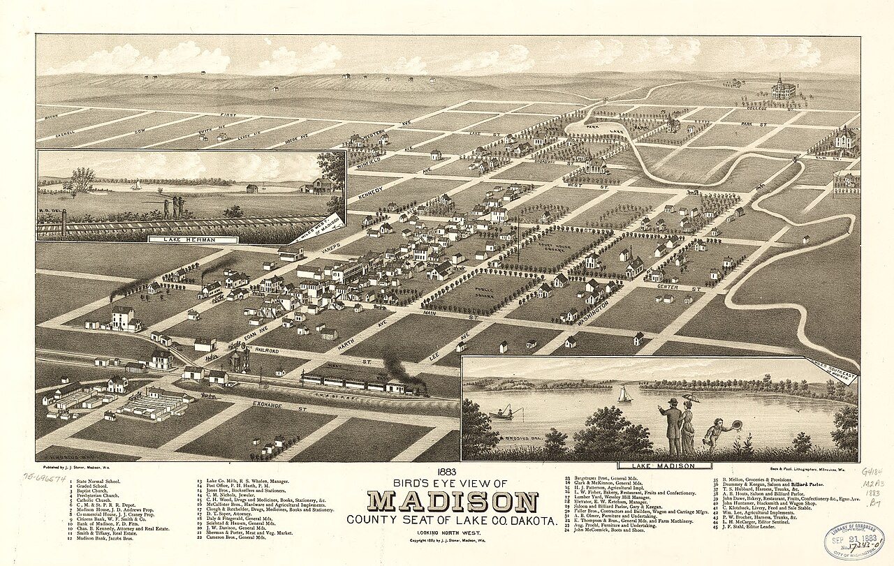 1883 bird's eye view of Madison, county seat of Lake Co. Dakota