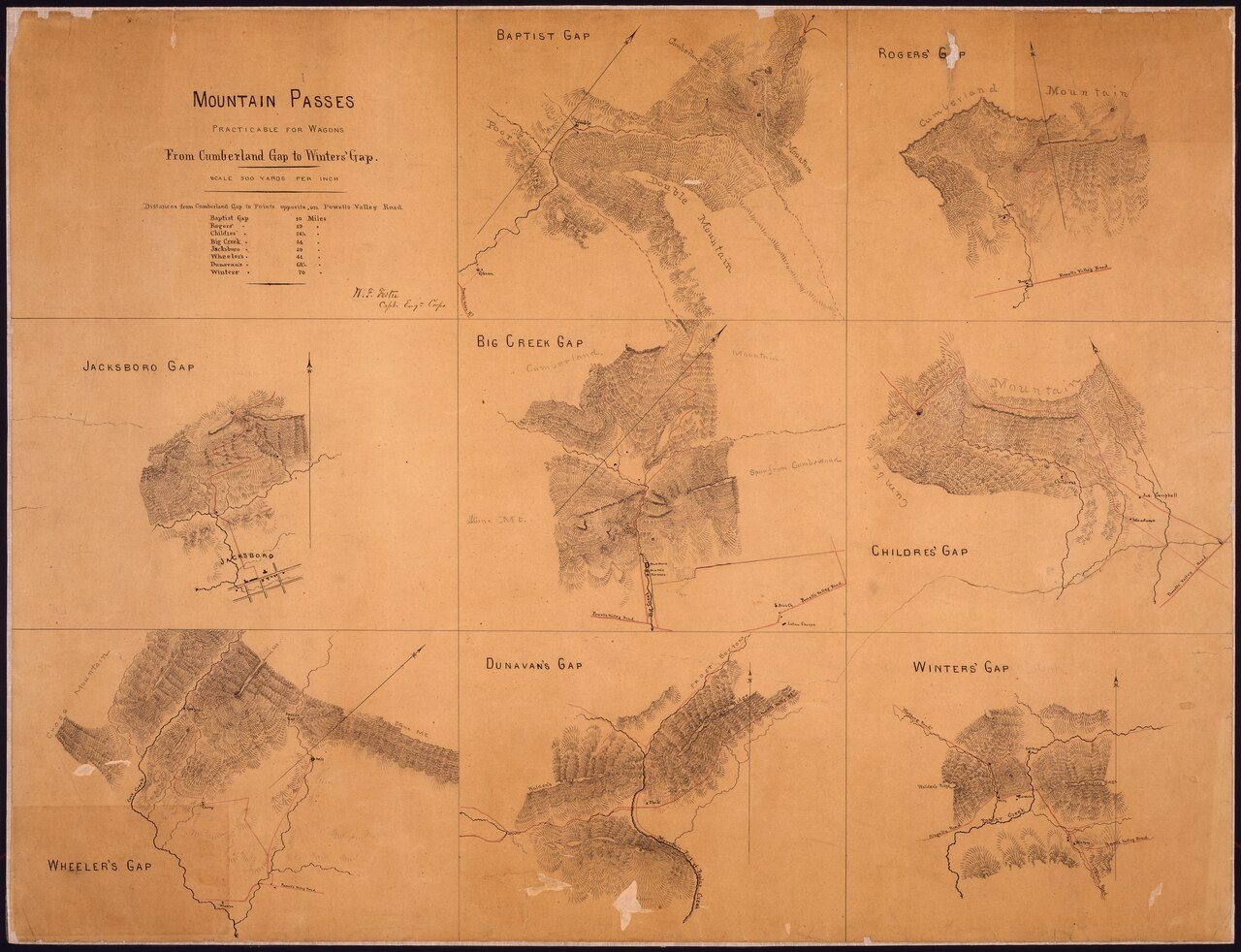 [A panel of eight sketch maps.] Mountain Passes Practicable for Wagons from Cumberland Gap to Winters' Gap