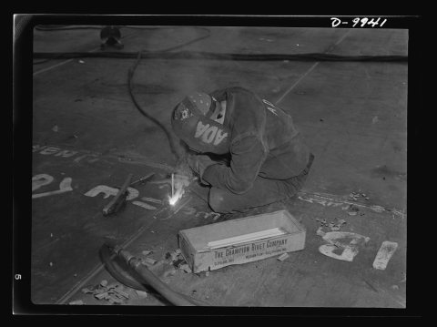 California shipyard workers. Attired in a welder's outfit this worker is one of California's many women shipyard worker…