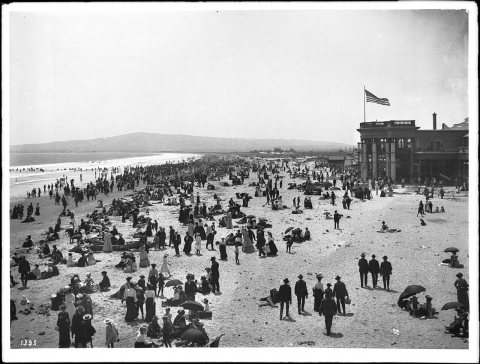 Huge crowds of people on the beach near the Long Beach Bath House, ca.1902-1905 (CHS-1395)