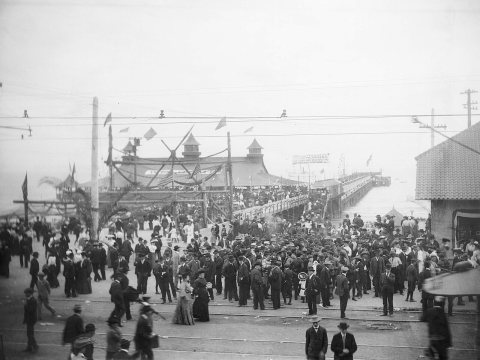 Opening day of the Pacific Electric line(?) at the Long Beach Pier, ca.1900-1902 (CHS-1989)