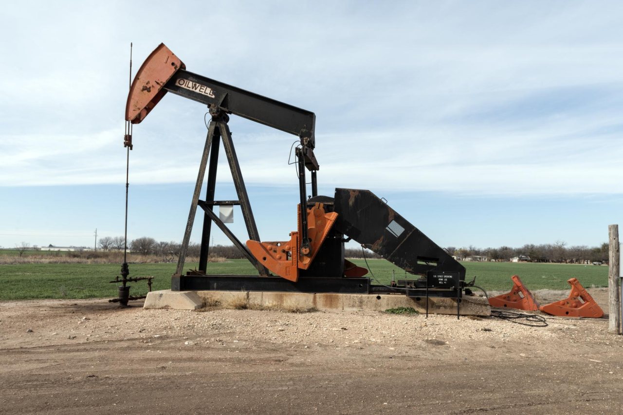 Colorful "pumpjack," a type of small oil pump that's a common sight in West Texas, along U.S. 83 near the town of Winte…