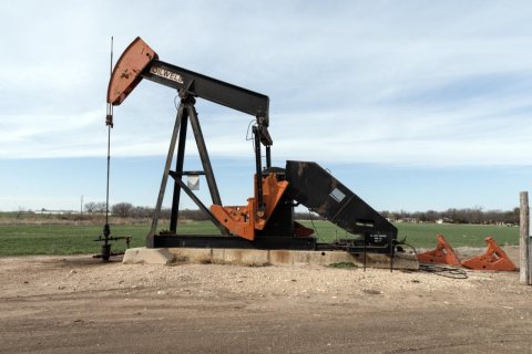 Colorful "pumpjack," a type of small oil pump that's a common sight in West Texas, along U.S. 83 near the town of Winte…