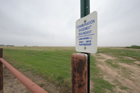 Conservation Easement Sign on fence in a pasture at Anson, Texas