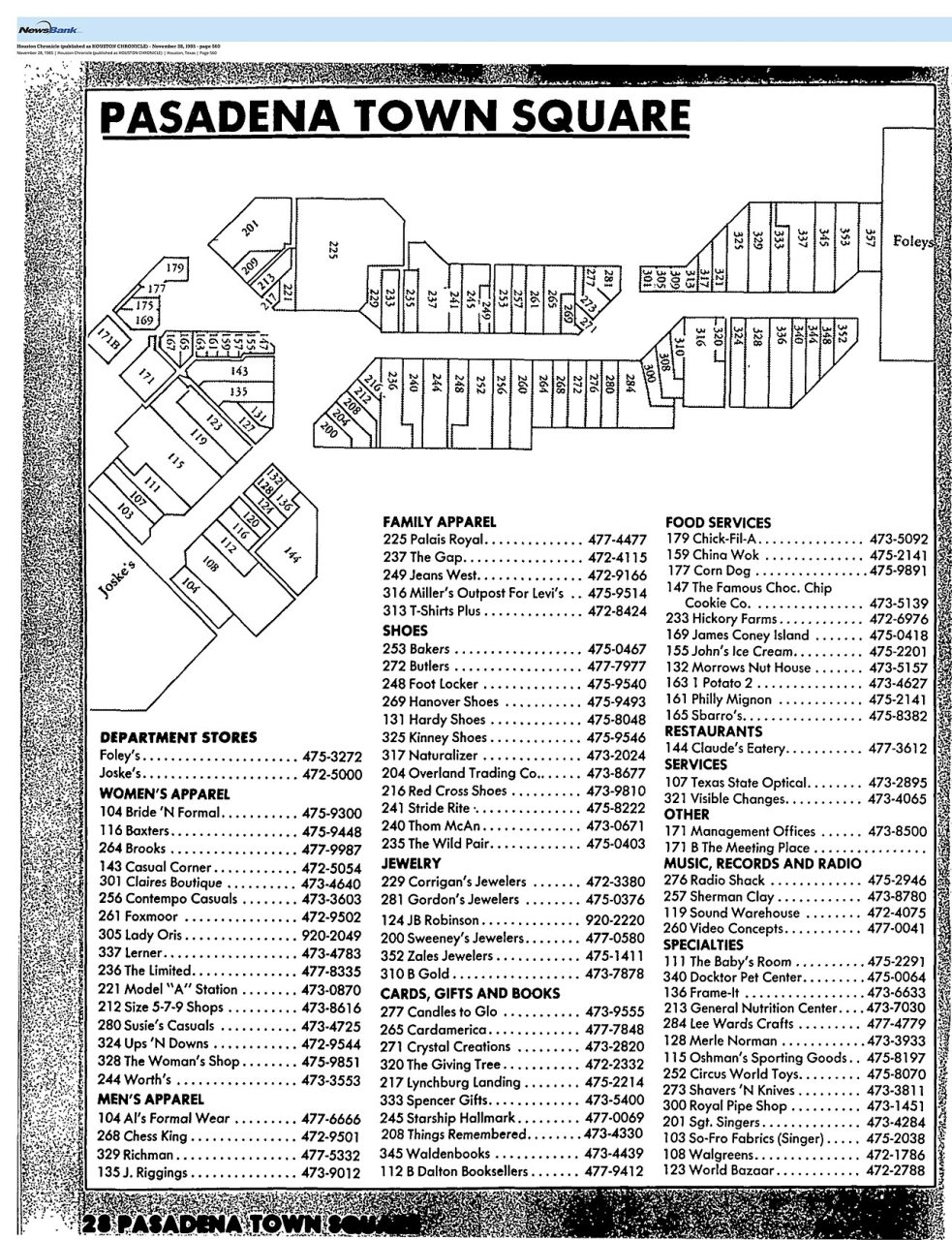 PasadenaTownSquareMallOldMapHoustonChronicleNov28,1985