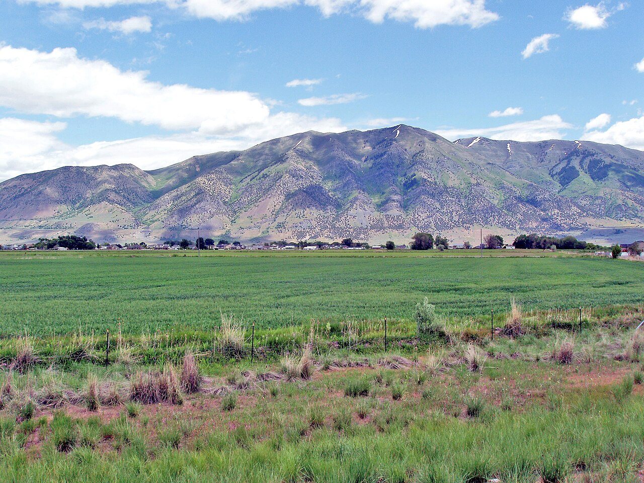 08-64-City of Elwood,UT,with,Mendon Peak in background as seen from I-15. June 8,2008