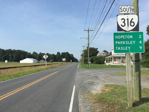 2017-07-12 08 54 27 View south along Virginia State Route 316 (Bayside Drive) at Marshall Street (Virginia State Second…