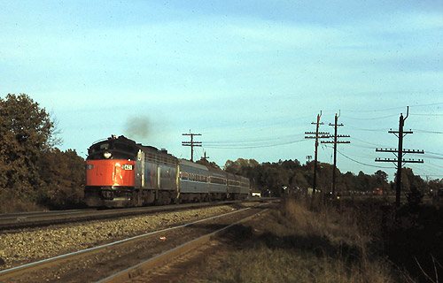 Amtrak Mountaineer near Crewe, Virginia, November 1975
