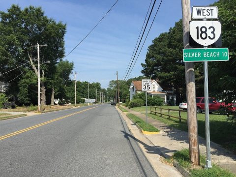 2017-07-12 10 09 42 View west along Virginia State Route 183 (Occohannock Neck Road) at U.S. Route 13 Business (Main St…