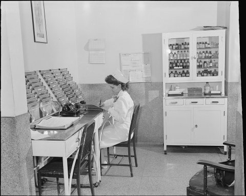 Nurse at chart desk. Clinch Valley Clinic Hospital, Richlands, Tazewell County, Virginia