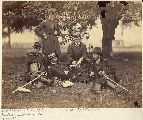 Virginia, Fairfax, a group of officers at Headquarters, Army of the Potomac, Fairfax Courthouse. Studying the art of...…