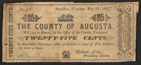 Recto County of Augusta (Staunton Virginia) 25 cents 1862