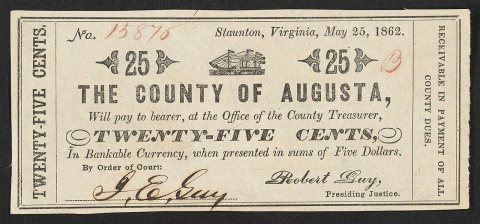 Recto County of Augusta (Staunton Virginia) 25 cents 1862