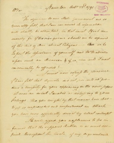 Letter signed Archibald Stuart, Staunton, to Thomas Jefferson, October 22, 1791