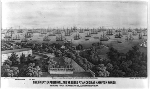 The great expedition- the vessels at anchor at Hampton Roads, from the top of the Hygeia Hotel, Old Point Comfort, Va