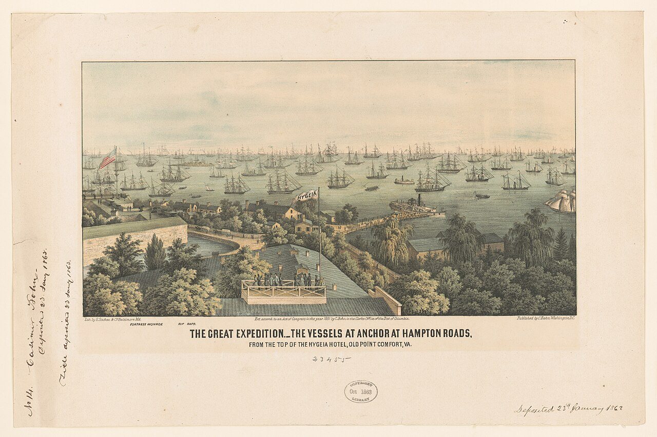 The great expedition- the vessels at anchor at Hampton Roads, from the top of the Hygeia Hotel, Old Point Comfort, Va