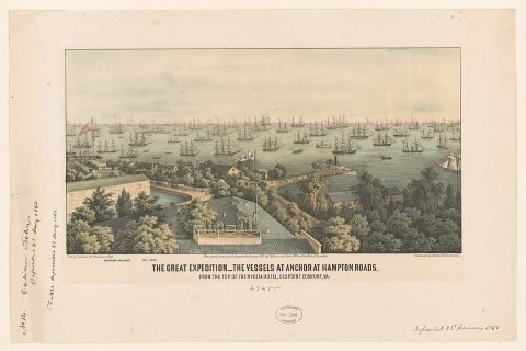The great expedition- the vessels at anchor at Hampton Roads, from the top of the Hygeia Hotel, Old Point Comfort, Va